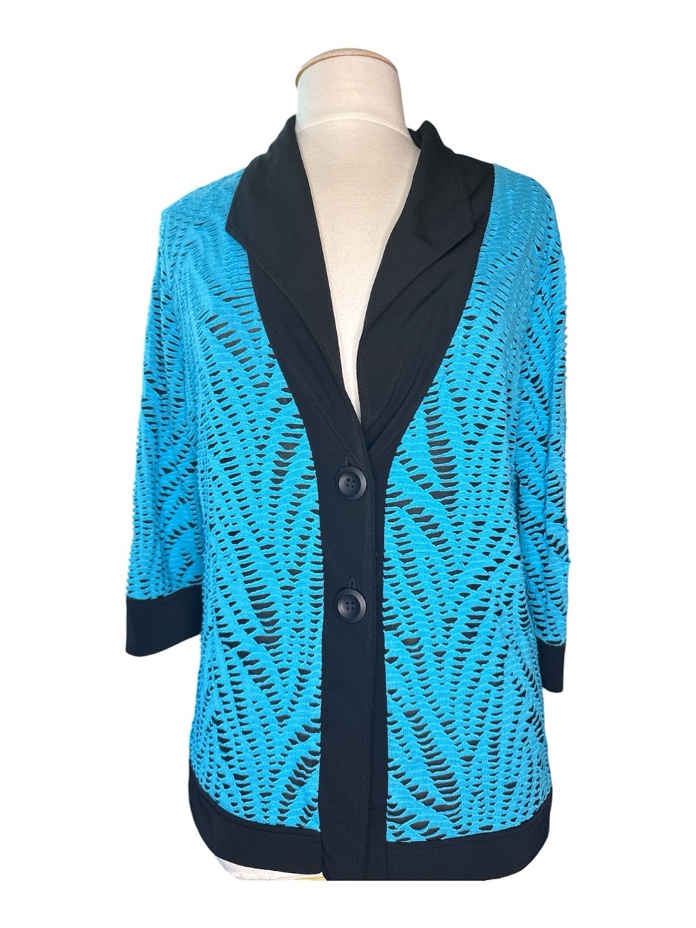 Open Weave Blue & Black Button Cardigan